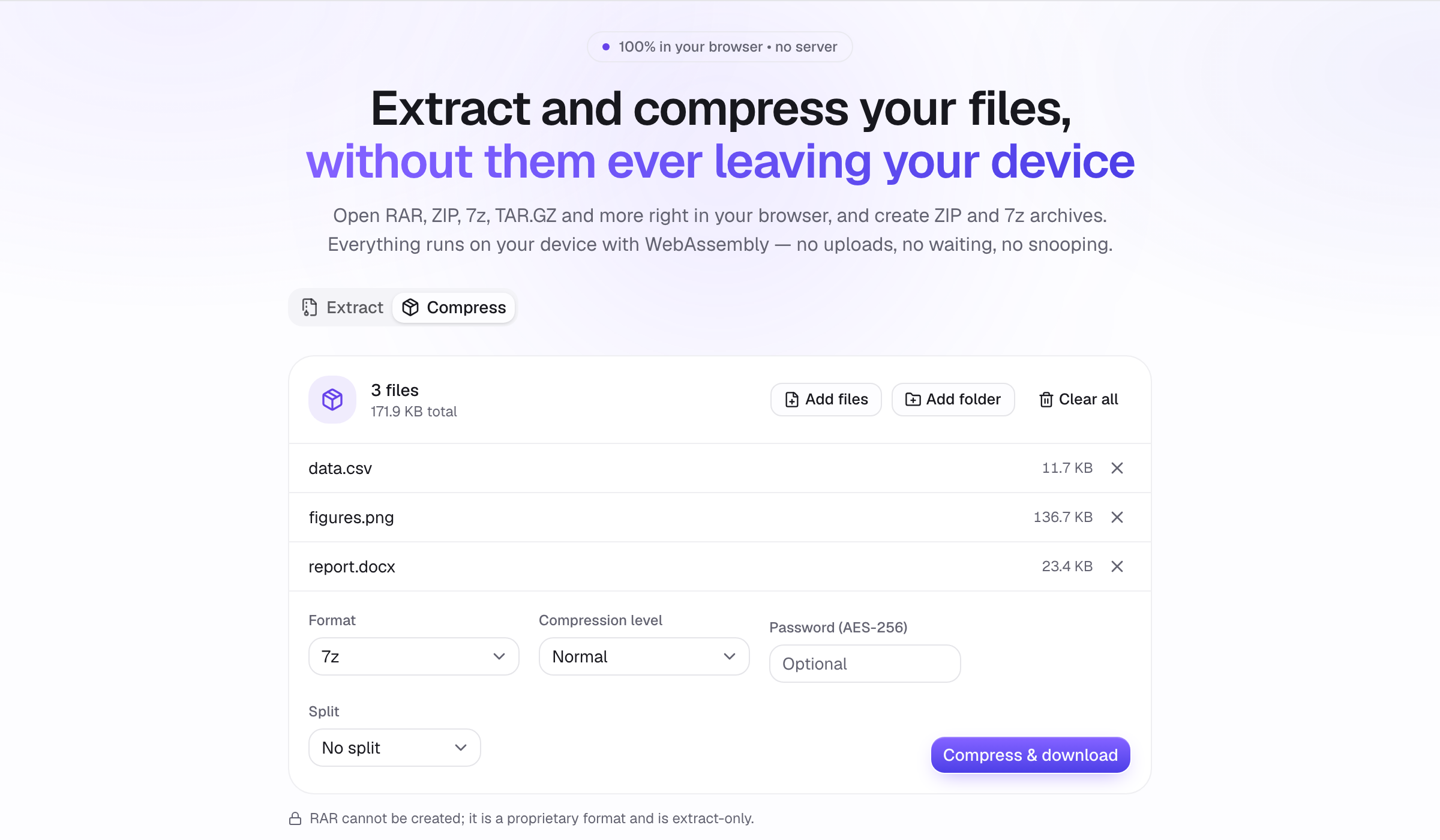 Format, compression level, password and split options in the Compress tab
