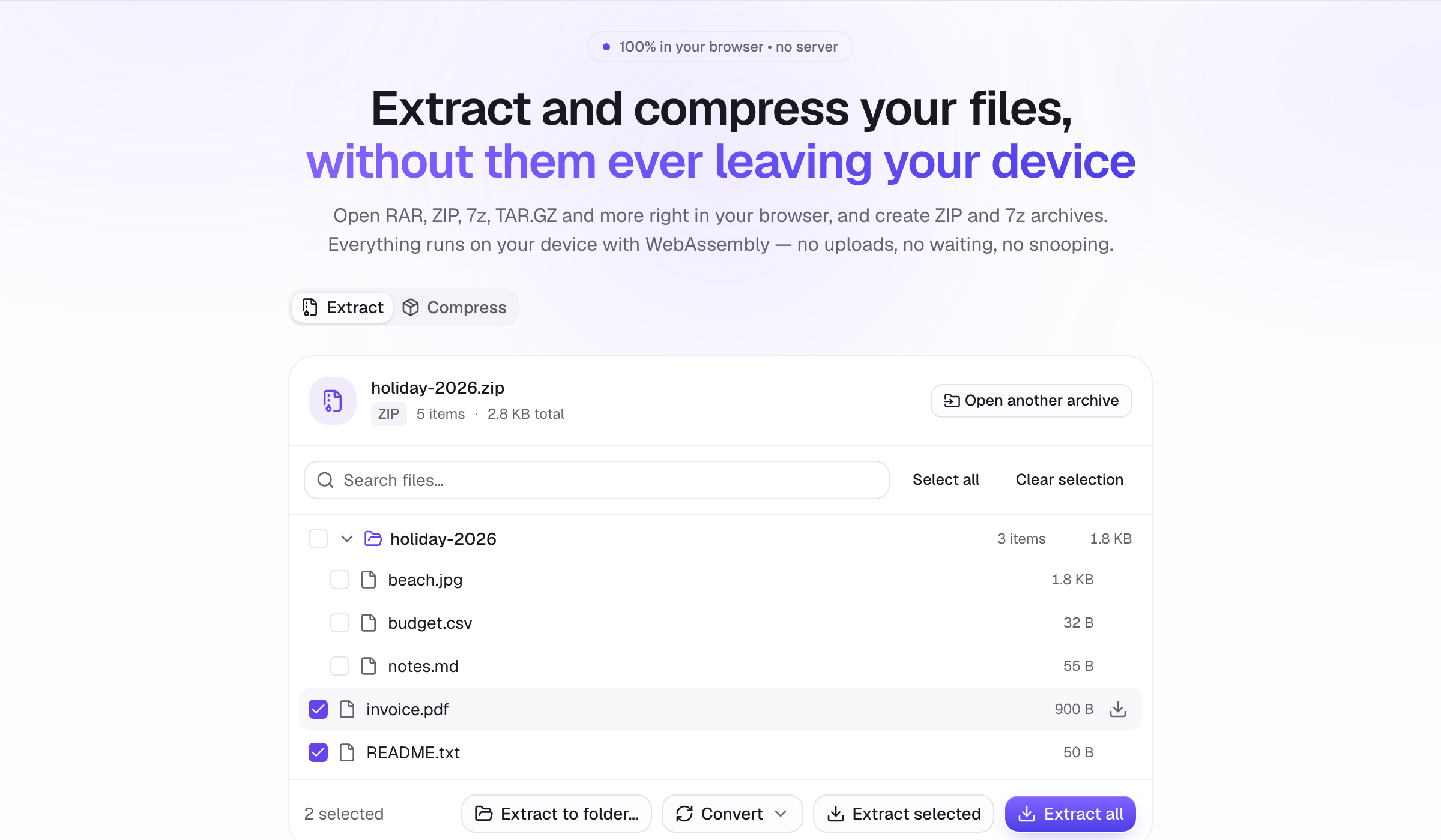An opened archive showing its file tree with checkboxes and sizes